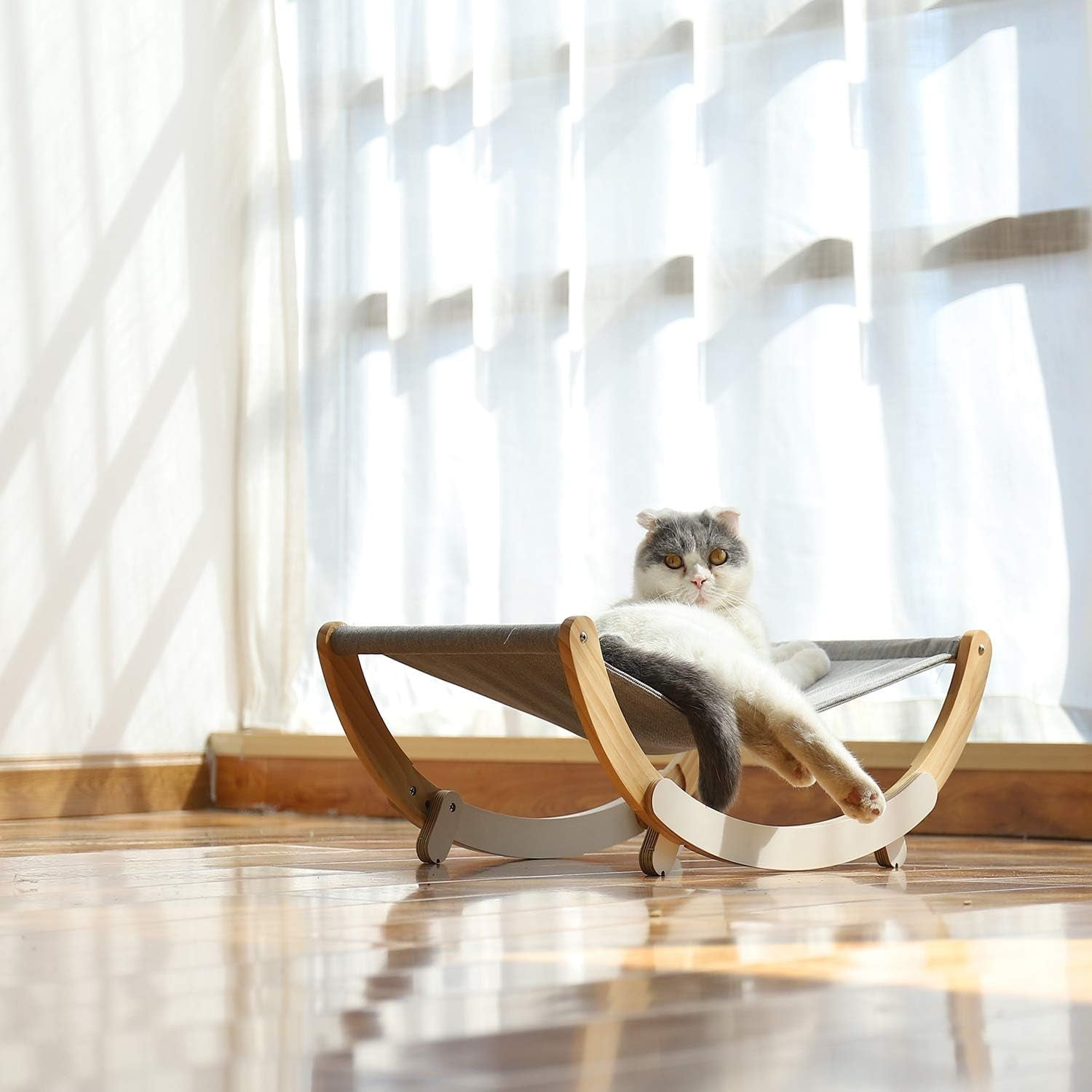 FUKUMARU Elevated Cat Hammock Chair - New Moon Design, Premium Indoor Cat Bed for Cats and Small Dogs, Grey