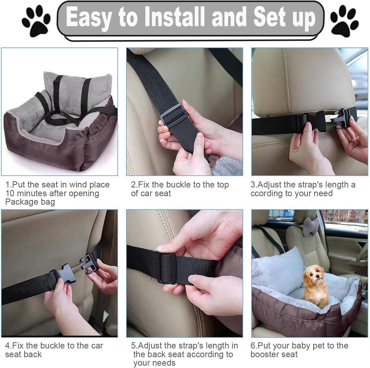 Utotol Premium Dog Car Seat with Safety Belt, Washable Booster for Small Dogs, Anti-Slip Travel Bed for Front or Back Seat, Adjustable Buckle, and Storage Pockets