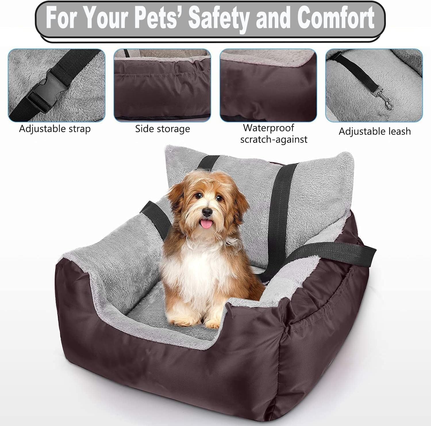 Utotol Premium Dog Car Seat with Safety Belt, Washable Booster for Small Dogs, Anti-Slip Travel Bed for Front or Back Seat, Adjustable Buckle, and Storage Pockets