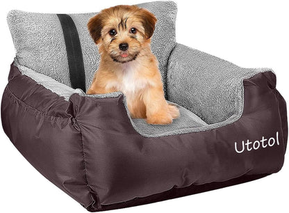 Utotol Premium Dog Car Seat with Safety Belt, Washable Booster for Small Dogs, Anti-Slip Travel Bed for Front or Back Seat, Adjustable Buckle, and Storage Pockets